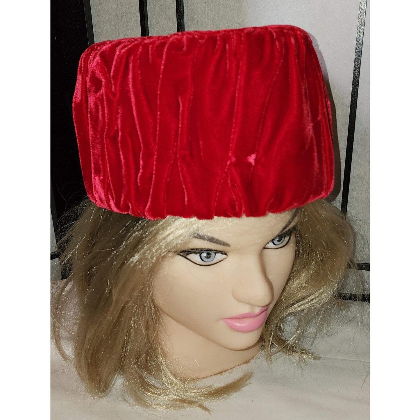 Vintage Pillbox Hat 1950s 60s Bright Red Pleated Velvet Tall Round Pillbox Hat Mid Century Handmade 21 in.