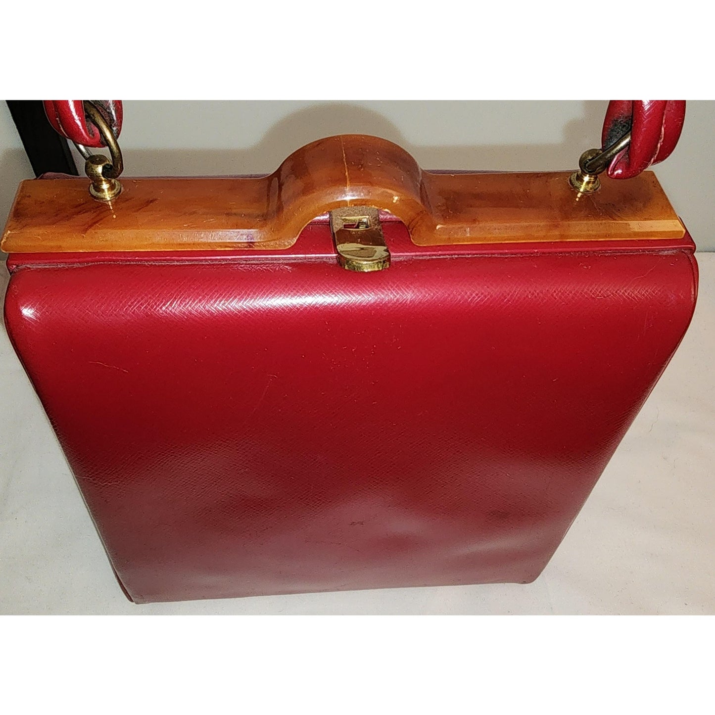 Vintage Red Purse 1930s 40s Red Vinyl Box Purse Butterscotch Celluloid Lucite Trim Top Handle Mid Century