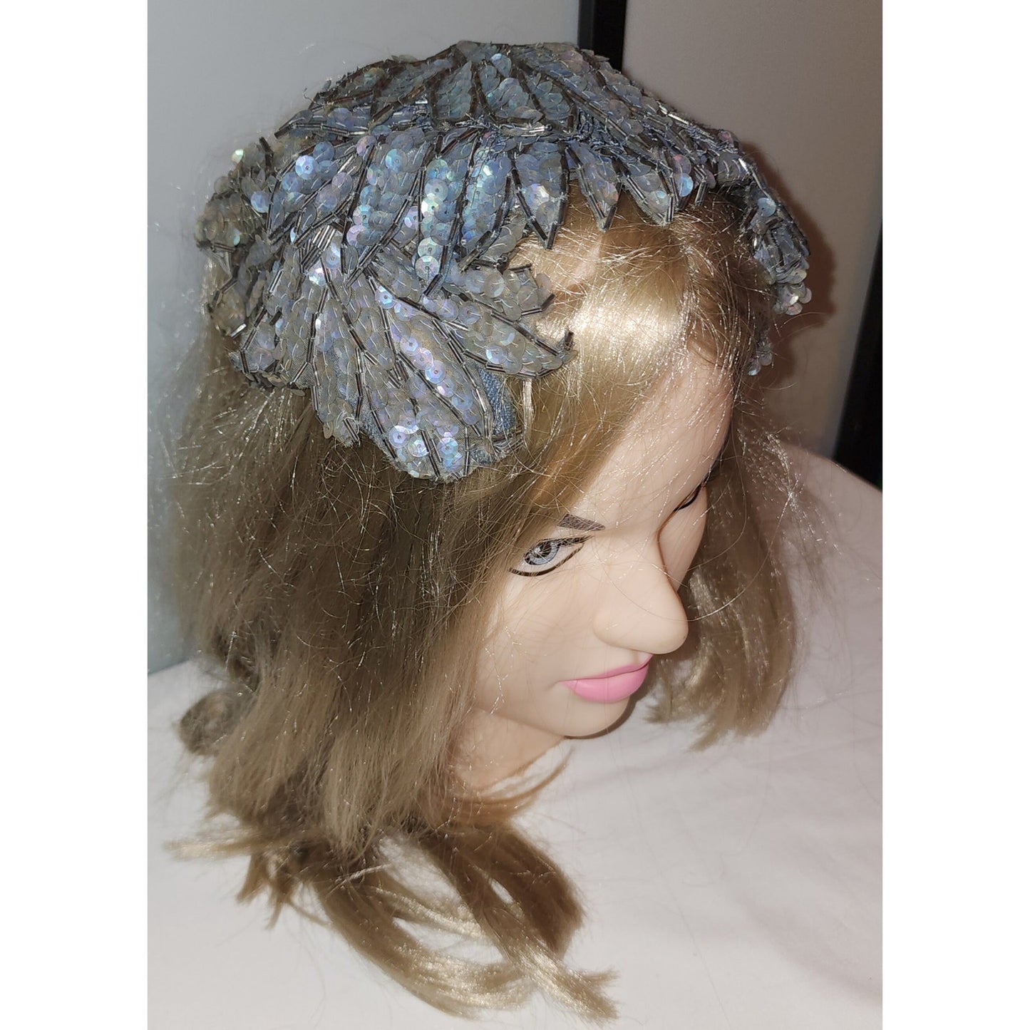 Vintage Half Hat 1950s Exquisite Small Light Blue Iridescent Sequin Beaded Leaf Half Hat Clamp Hat Mid Century