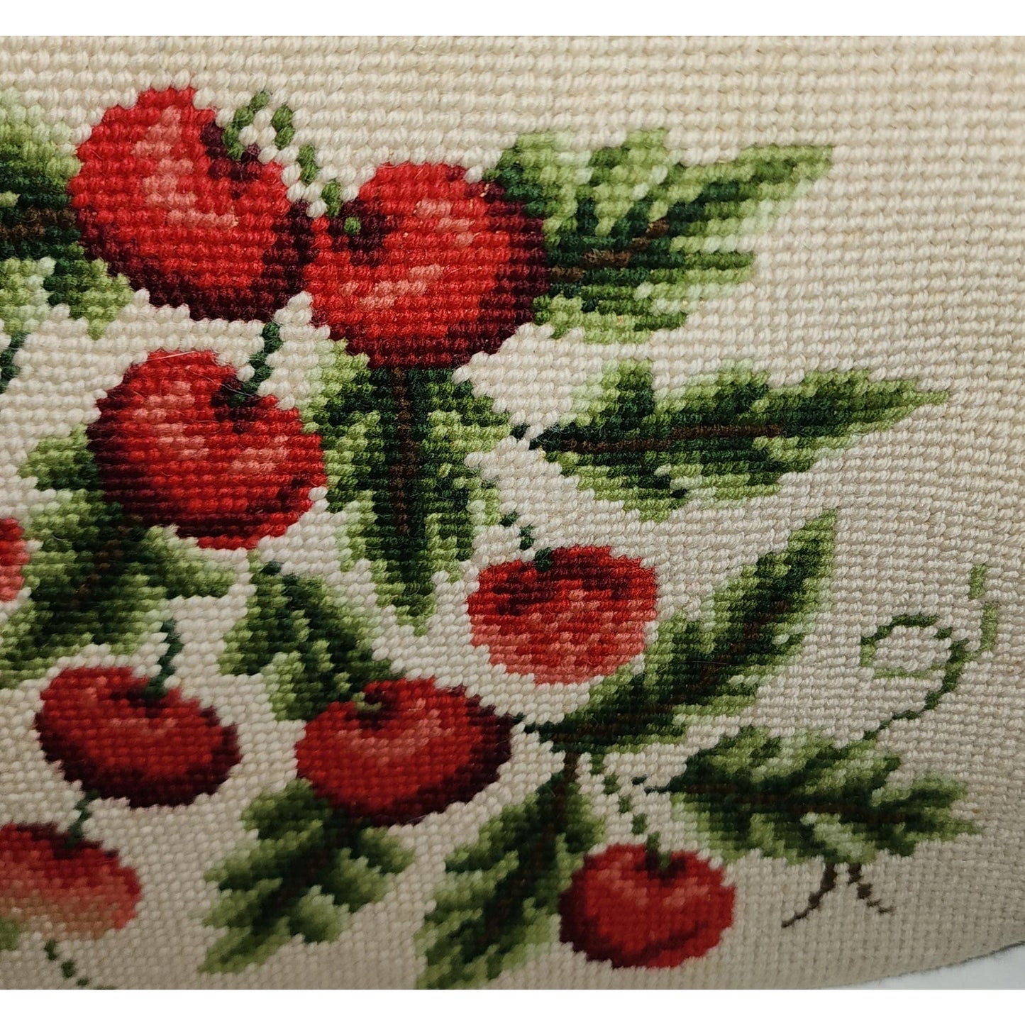 Vintage Cherry Purse Large 1950s Beige Wool Embroidered Bag Red Cherries Green Leaves Mid Century Rockabilly