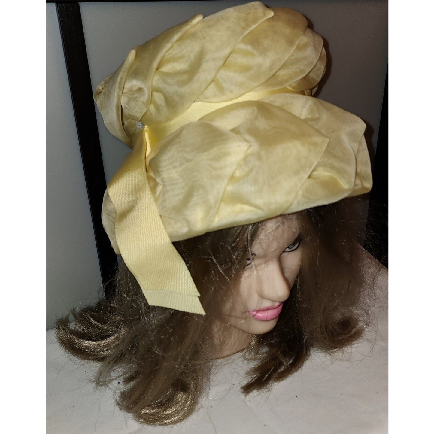 Vintage Yellow Hat 1950s 60s Tall Yellow Bubble Bucket Hat Floral Effect Ribbon Mid Century Garden Party 23 in.