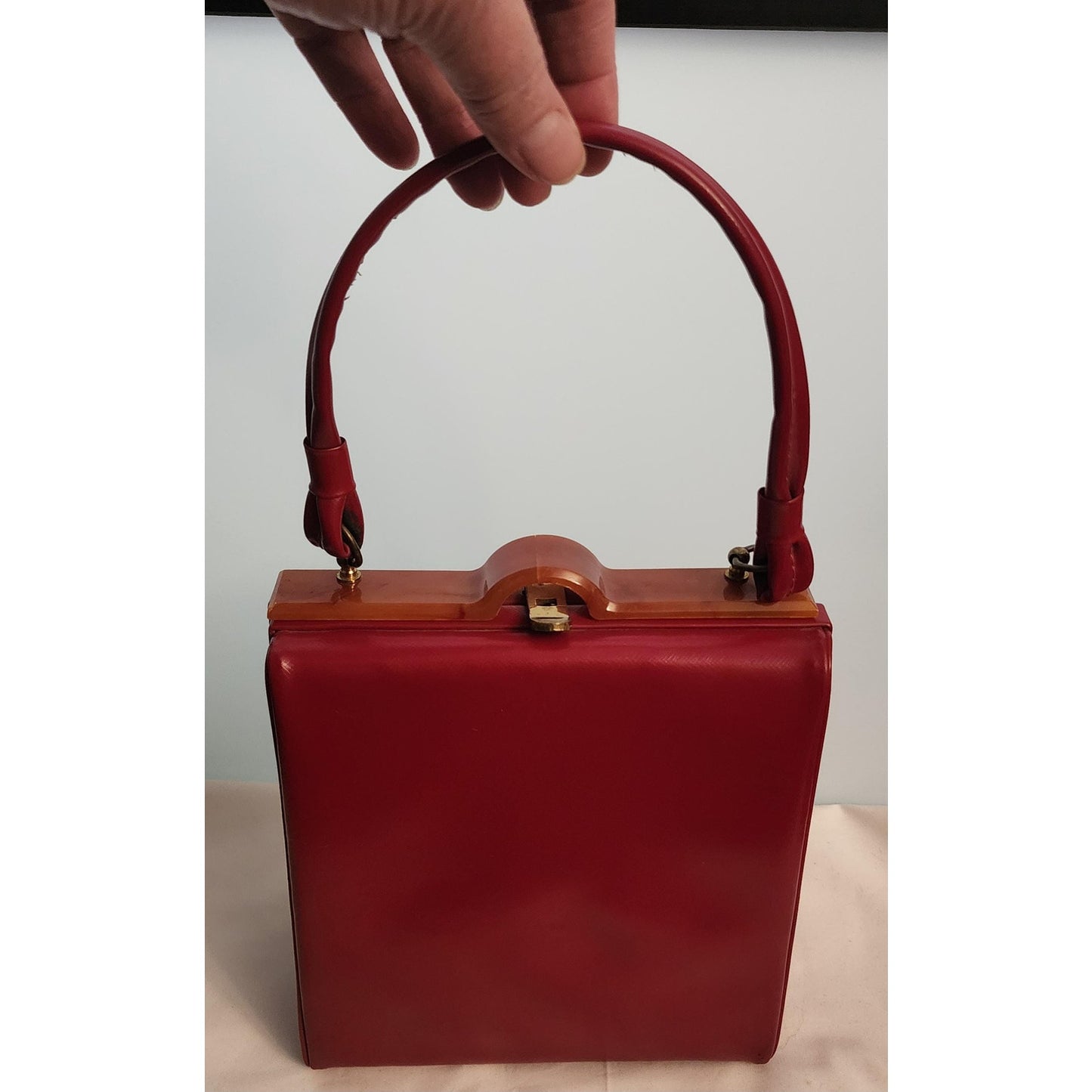 Vintage Red Purse 1930s 40s Red Vinyl Box Purse Butterscotch Celluloid Lucite Trim Top Handle Mid Century