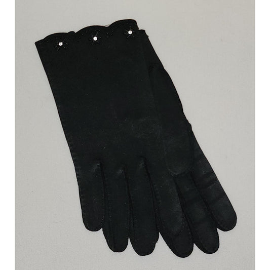 Vintage Rhinestone Gloves 1940s 50s Black Wrist Gloves Tiny Black Beads Prong Set Rhinestones Wear Right Western Germany Mid Century 6 1/2