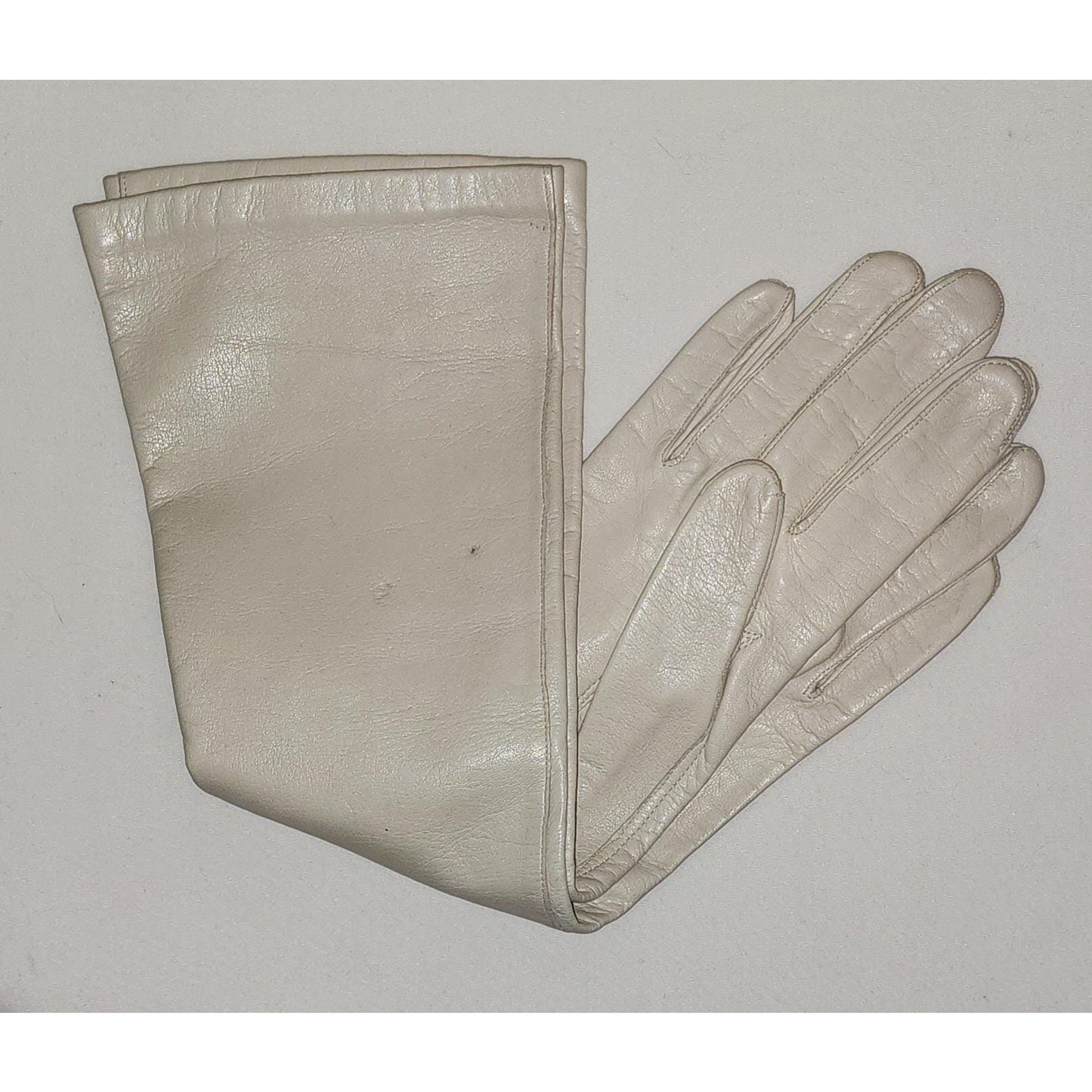 Vintage Leather Gloves 1960s Midlength Light Beige Leather Elbow Gloves Thin Nylon Lining Van Raalte Mid Century 7