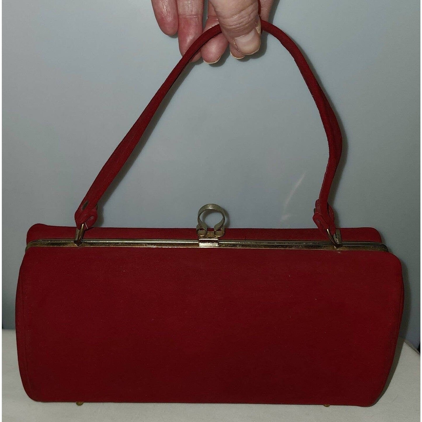 Vintage 1950s Purse Dark Red Maroon Oval Barrel Purse Soft Suedelike Fabric Mid Century