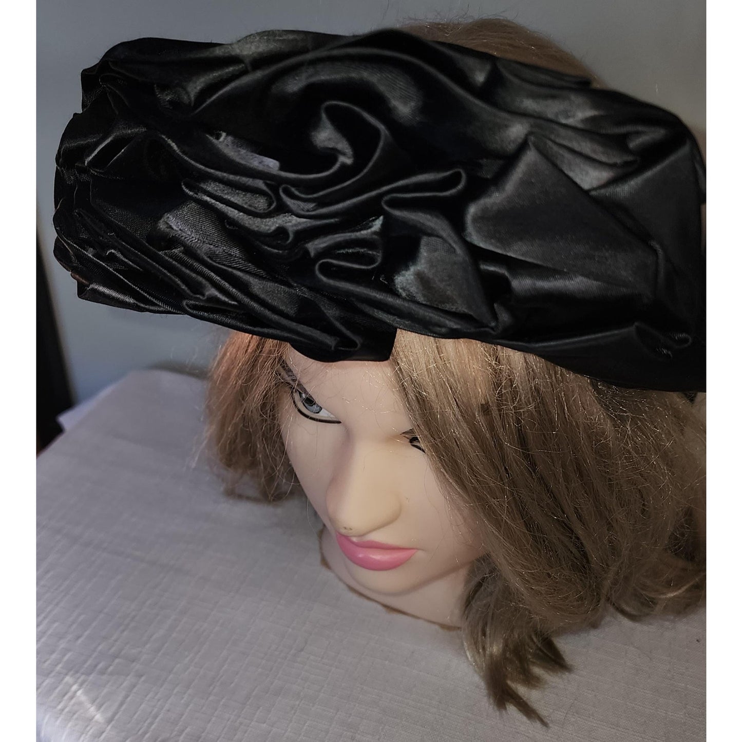 Vintage Open Hat 1930s Black Satin Open Crown Ring Hat Huge Front Rosette Art Deco 21 in.