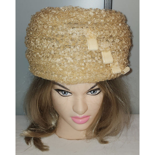 Vintage Schiaparelli Hat 1950s 60s Round Light Yellow Beige Net Tulle Confetti Beehive Bubble Hat Velvet Bows Mid Century Designer 22 in.