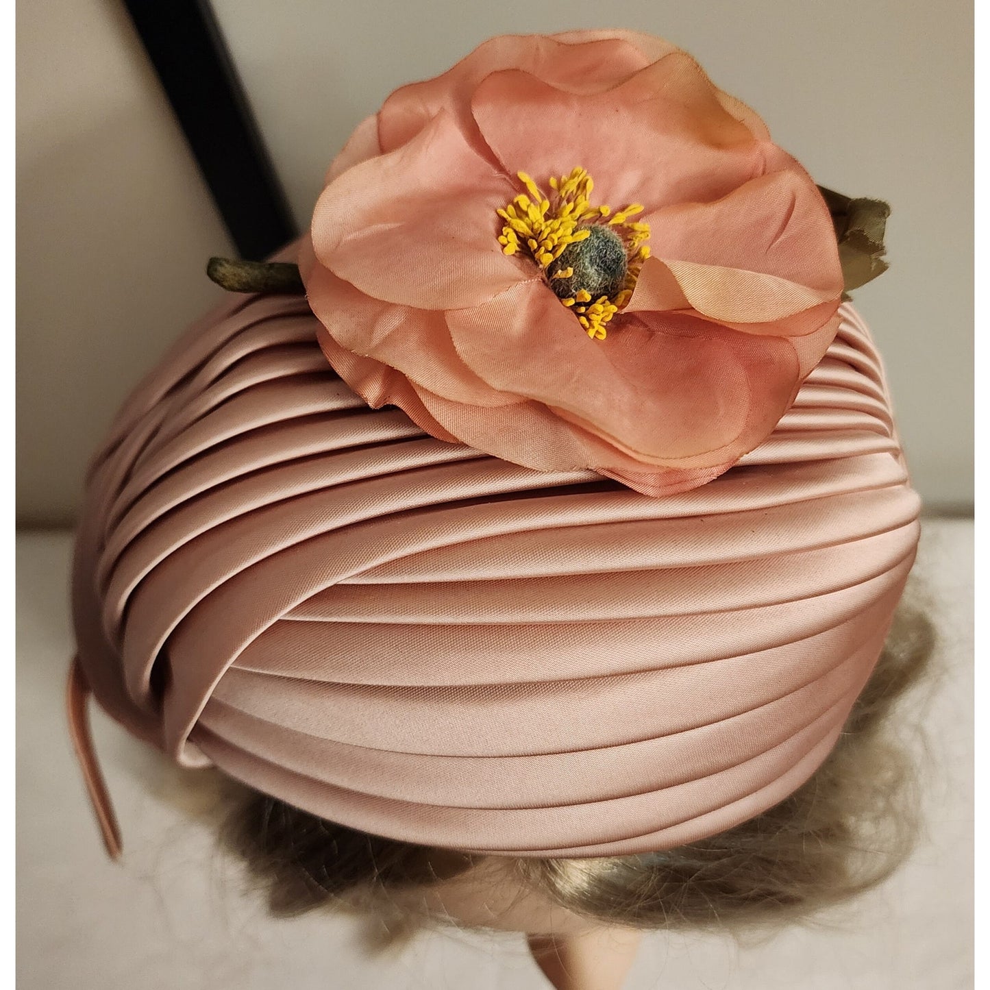 Vintage Satin Hat 1950s Peach Pleated Satin Asymmetric Half Hat Large Flower Floral Half Hat Mid Century Art Deco 20.5 21 in.