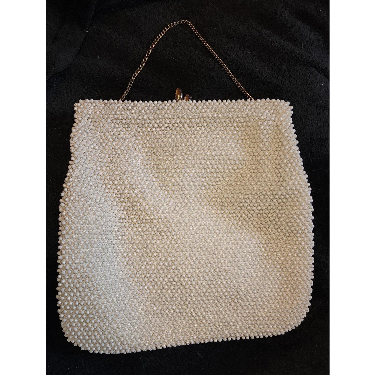 Vintage Beaded Purse 1950s 60s White Cream Bead Clutch Kiss Lock Clasp Optional Chain Handle Mid Century
