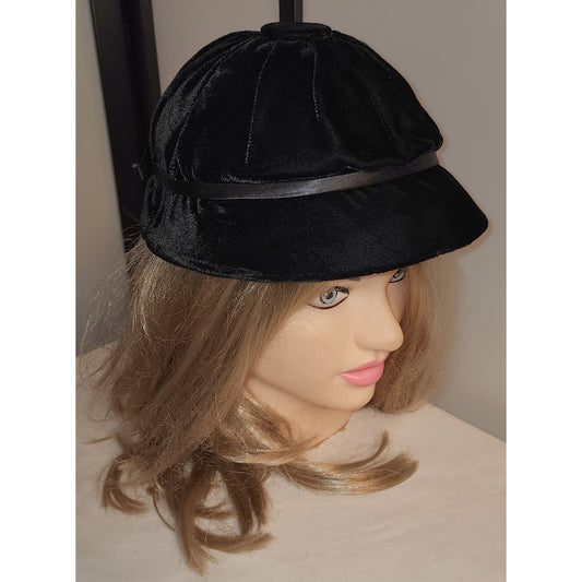 Vintage Velvet Hat 1960s Black Velvet Equestrian Style Hat Large Top Button Mid Century Mod 21 in.