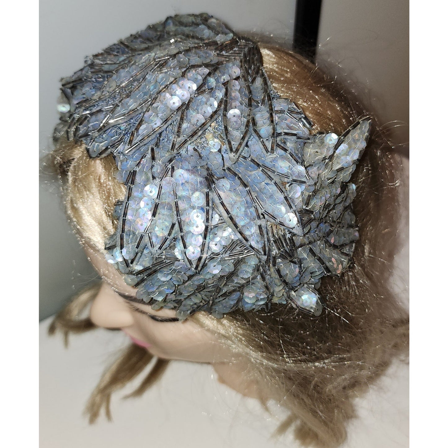 Vintage Half Hat 1950s Exquisite Small Light Blue Iridescent Sequin Beaded Leaf Half Hat Clamp Hat Mid Century