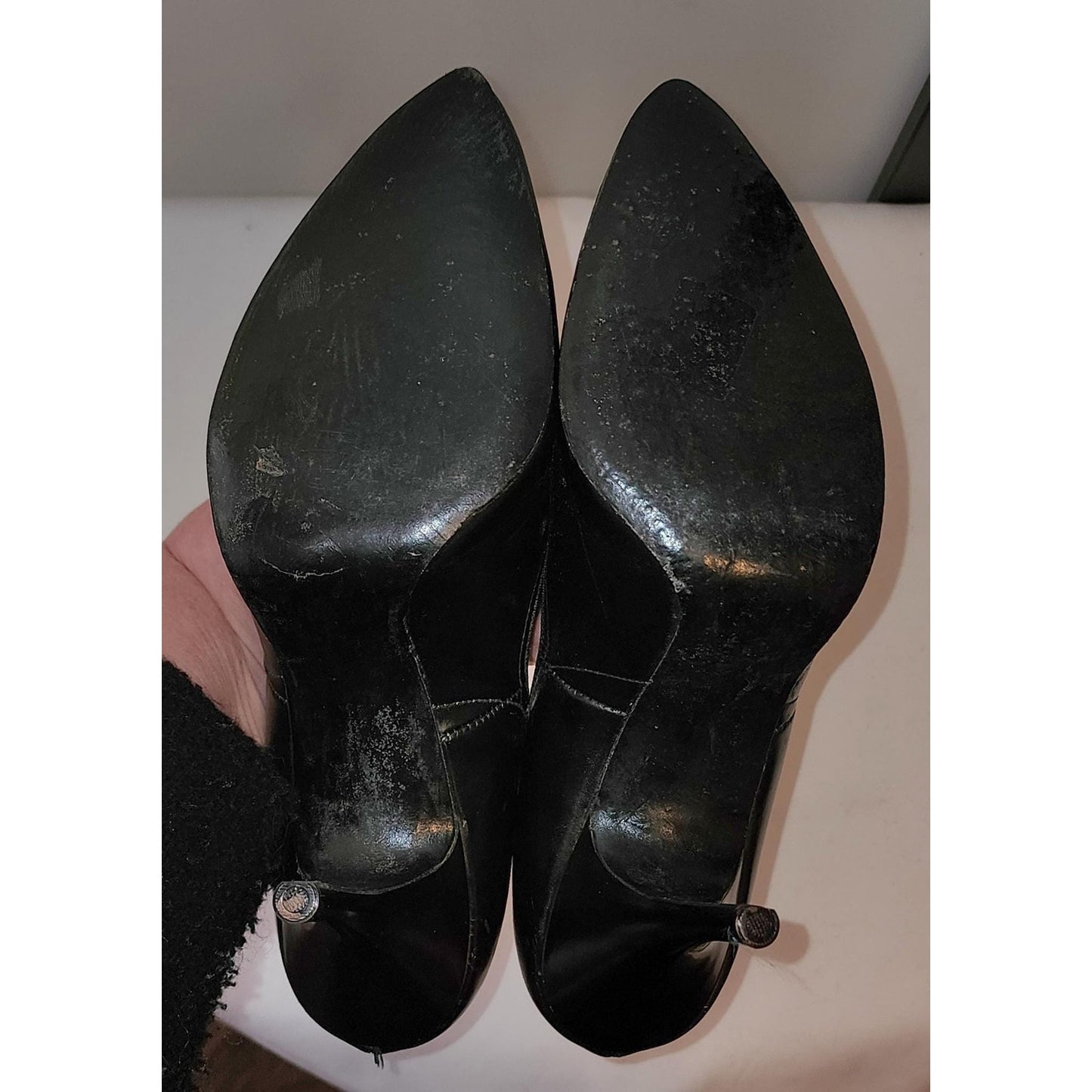 Vintage Stiletto Heels 1950s Black Leather Stilettos 4 Inch Heels Pointed Toes Mid Century Fetish Pumps Med AA AAA