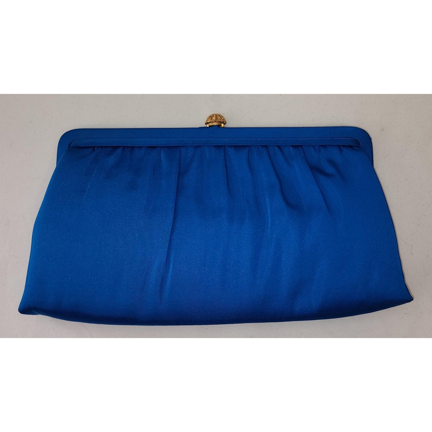 Vintage Clutch Purse 1950s 60s Bright Blue Satin Clutch Evening Bag Gold Rhinestone Clasp Optional Chain Handle HL USA Mid Century