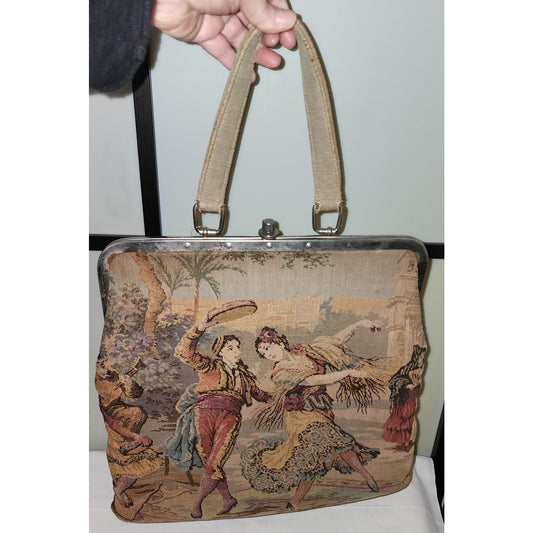 Vintage Tapestry Purse Large 1960s Medieval Renaissance Scene Bag Mid Century Boho