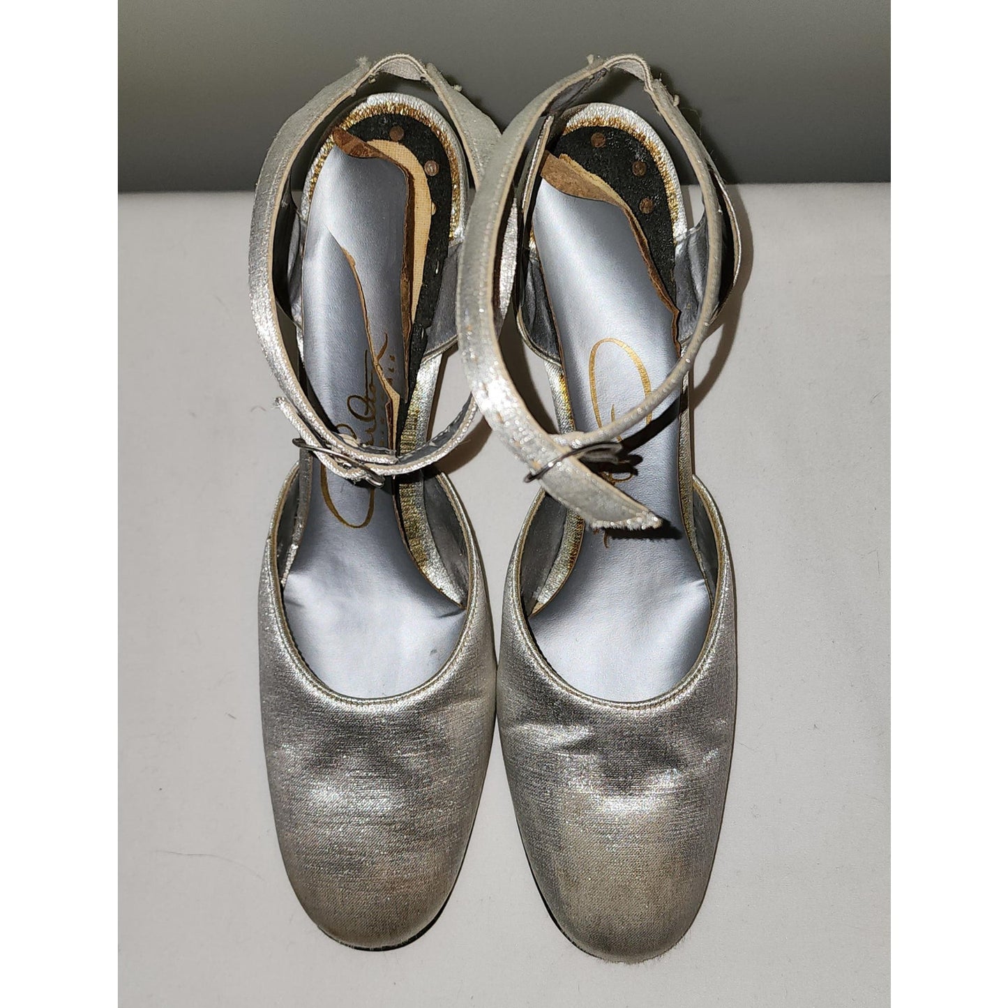 Vintage Silver Shoes 1960s Round Toe Metallic Silver Pumps Ankle Strap Mid Century Mod S M