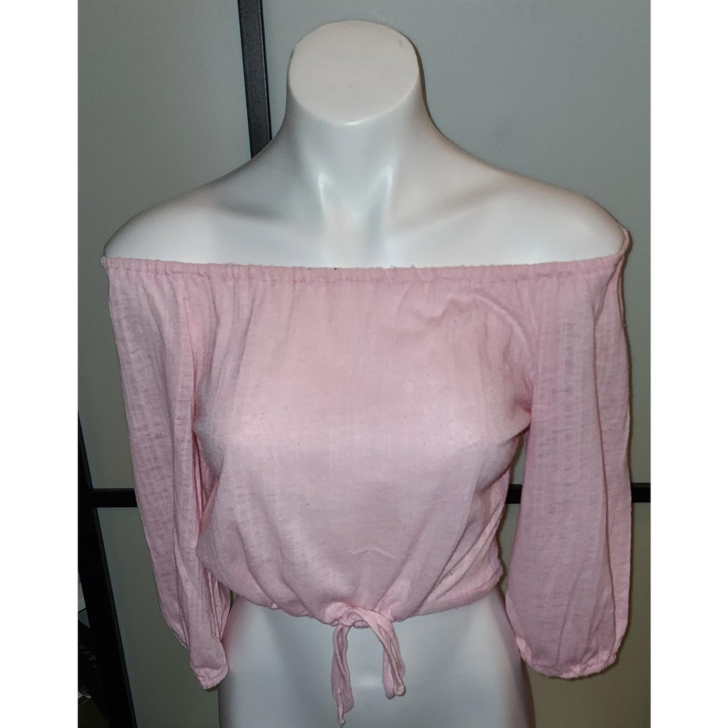 Vintage Drawstring Top 1970s Pink Gauze Drawstring Waist Crop Top Half Sleeves Off Shoulder Hippie Boho S