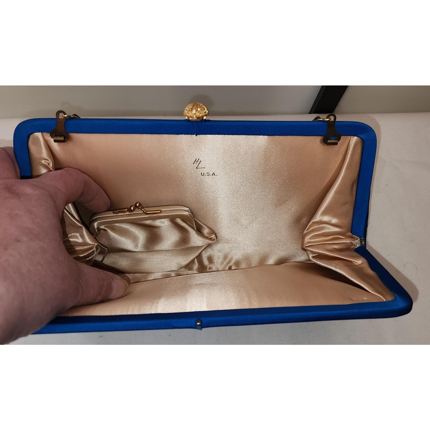 Vintage Clutch Purse 1950s 60s Bright Blue Satin Clutch Evening Bag Gold Rhinestone Clasp Optional Chain Handle HL USA Mid Century