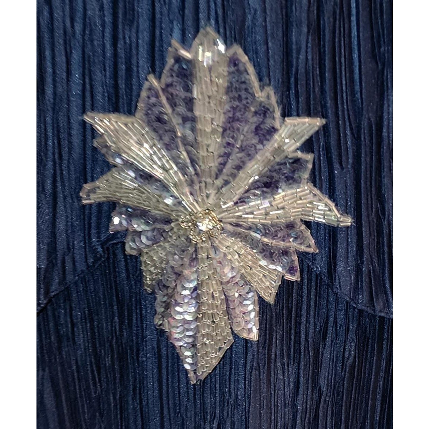 Vintage Evening Dress 1980s Dark Blue Micro Pleat Tiered Flapper Style Cocktail Dress Huge Beaded Ornament After Dark M