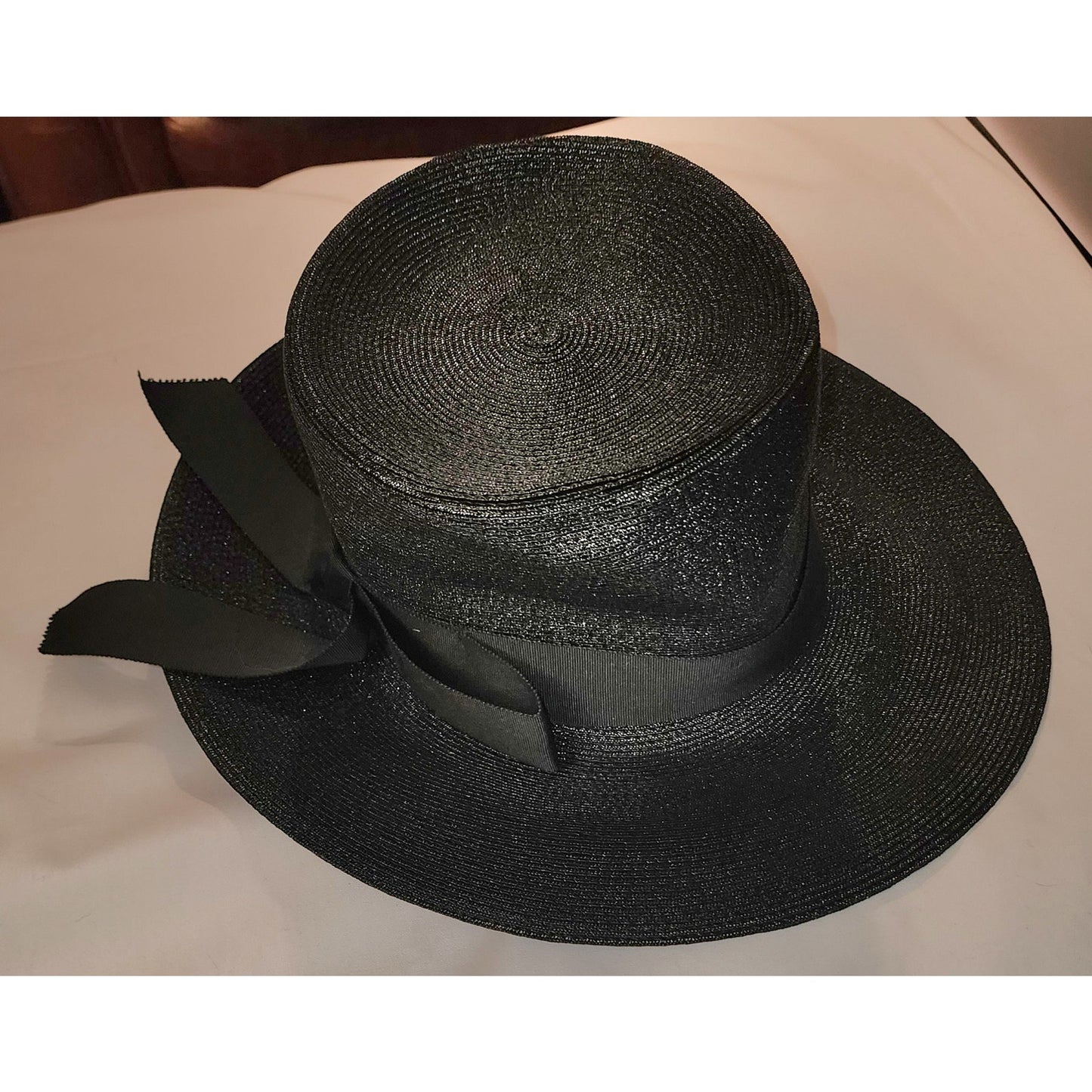 Vintage 50s Hat Tall Black Floppy Straw Sun Hat Huge Bow Mid Century 21.5 inches