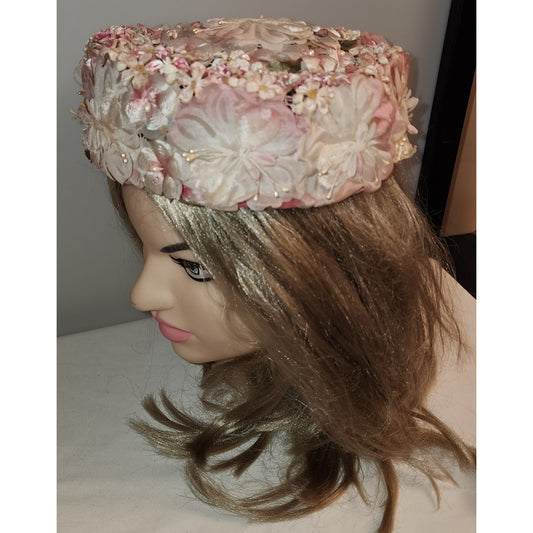 Vintage Pink Hat 1940s 50s Small Round Pink White Floral Hat Joal De Luxe Mid Century 21 in.