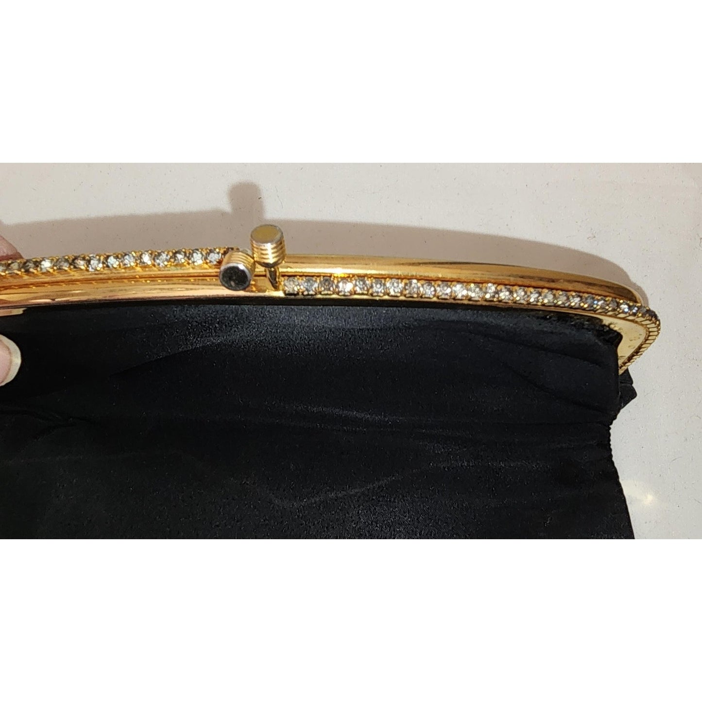 Vintage Clutch Purse 1950s Black Satin Rhinestone Frame Clutch Purse Small Bag Mid Century