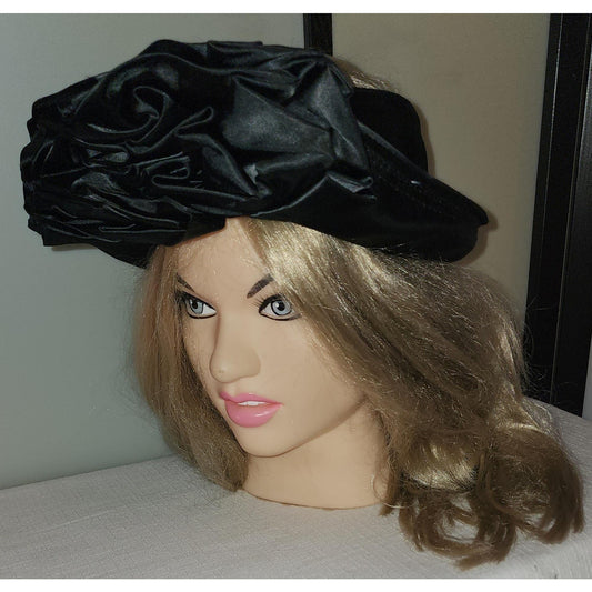 Vintage Open Hat 1930s Black Satin Open Crown Ring Hat Huge Front Rosette Art Deco 21 in.