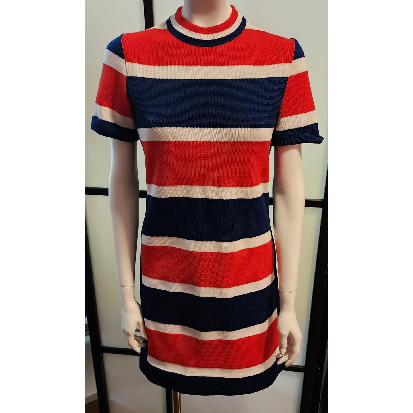 Vintage Mod Dress 1960s 70s Red White Blue Horizontal Striped Stretchy Knit Polyester Dress Patriotic Boho M