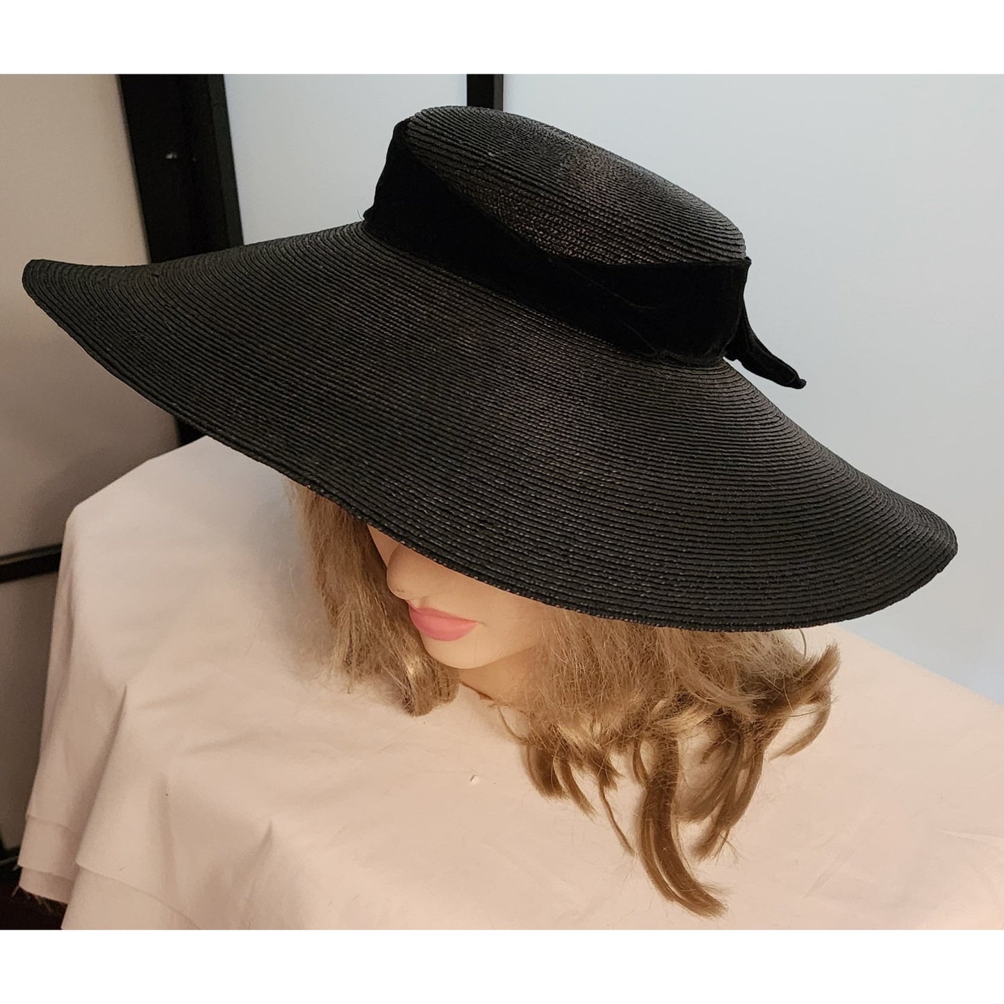 Vintage Platter Hat Large 1950s Black Straw Pancake Sun Hat Tilt Hat Huge Velvet Bow Mid Century 19 inches