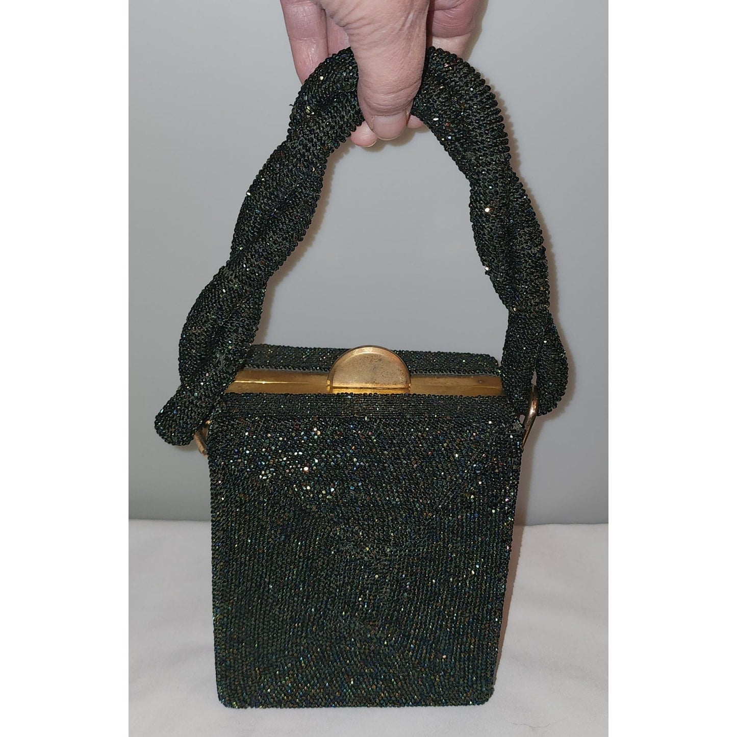 Vintage 1930s Purse Black Iridescent Carnival Glass Micro Bead Box Purse Braided Bead Handle Gold Metal Frame Art Deco Mid Century