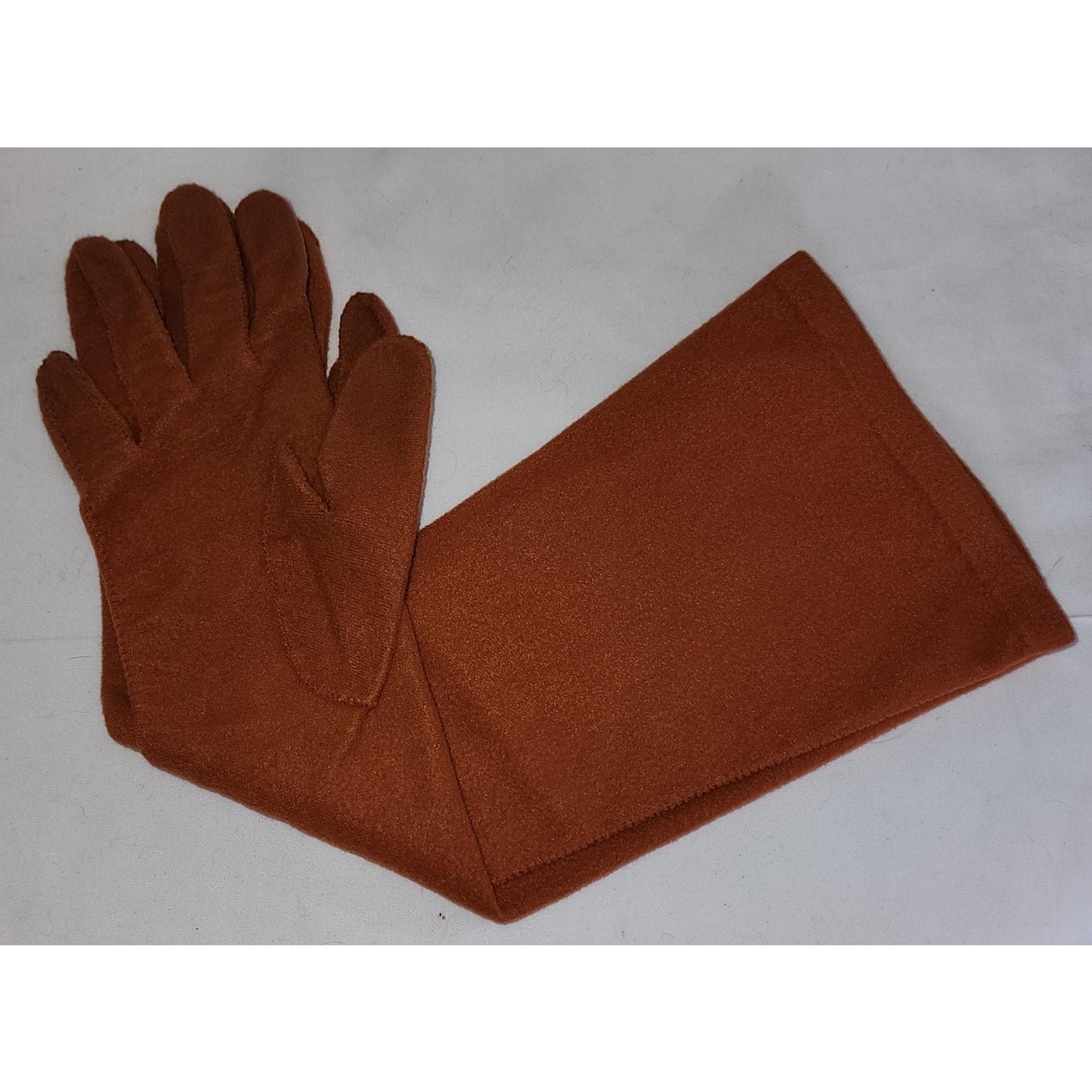 Vintage Pumpkin Gloves Midlength 1950s 60s Soft Nylon Gloves Rust Velsuede Van Raalte Made in USA Mid Century 7.5 8