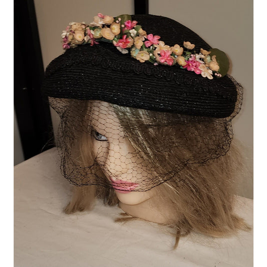 Vintage Floral Hat 1930s 40s Round Black Straw Hat Pink Red White Flowers Net Veil Velvet Bow Mid Century Art Deco 22.5 in.