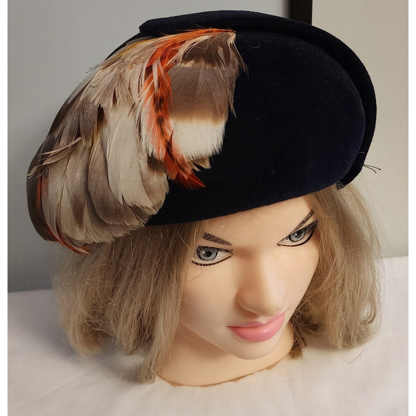 Vintage Asymmetric Hat 1940s 50s Round Black Velour Felt Hat Large Cream Rust Feather Ornament Mid Century Art Deco Film Noir 21 22 in.