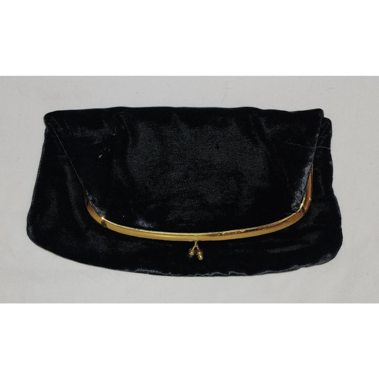 Vintage Clutch Purse 1950s Black Velvet Pouch Foldover Clutch Purse Goldtone Metal Frame Kiss Lock Satin Lining Mid Century