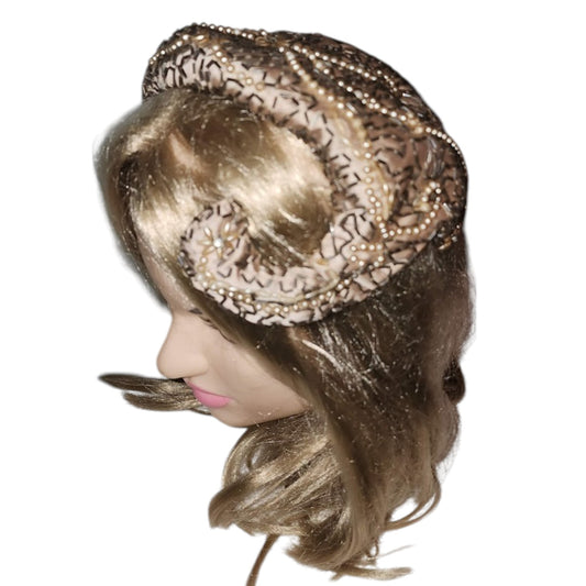 Vintage Beaded Hat 1950s Asymmetric Beige Satin Cocktail Hat Faux Pearls Glass Beads Rhinestones Mid Century Wedding Bridal 19 in.