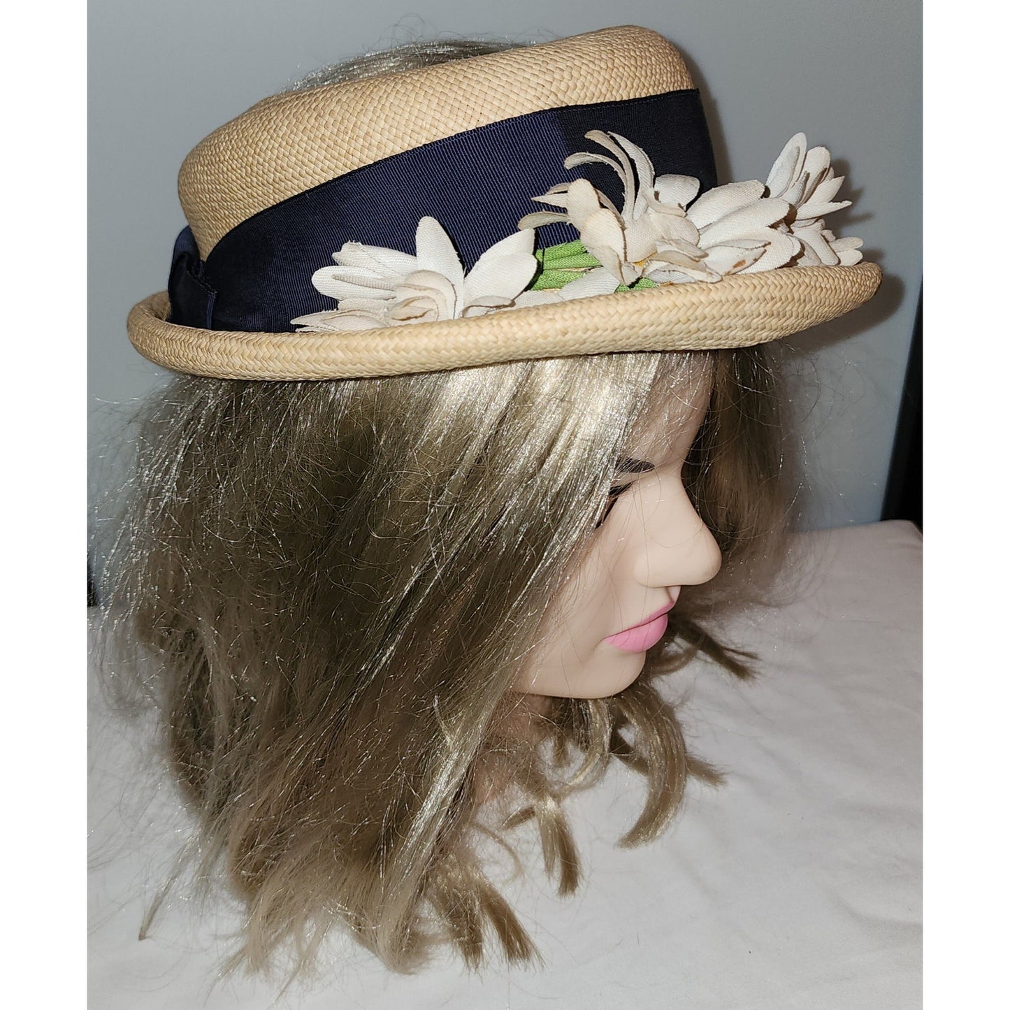 Vintage 1930s Hat Natural Straw Open Crown Hat Rolled Brim Lg Daisies Ribbon Daisy Hat Art Deco 20.5 in.