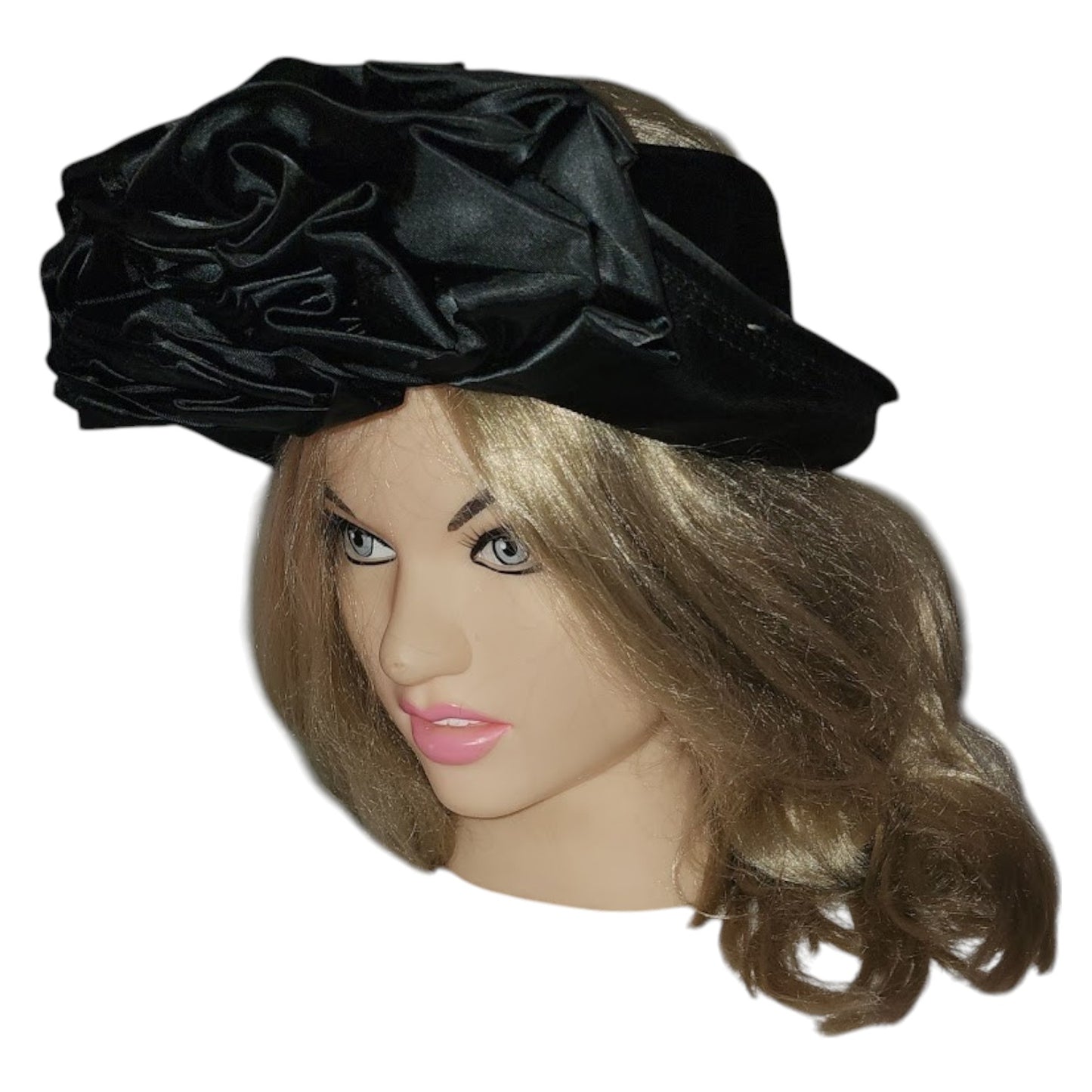 Vintage Open Hat 1930s Black Satin Open Crown Ring Hat Huge Front Rosette Art Deco 21 in.