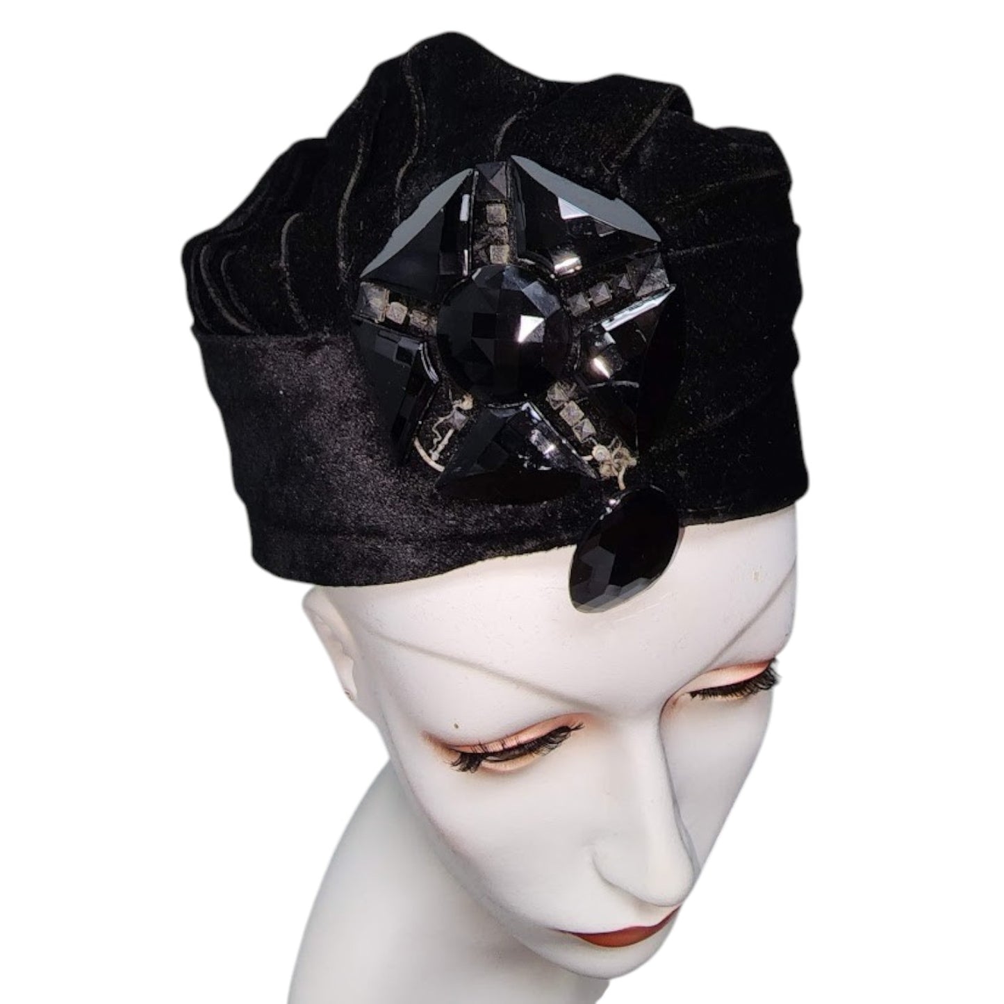 Vintage 1920s 30s Hat Black Velvet Turban Style Hat Large Jet Bead Ornament Art Deco Flapper 21.5 in.