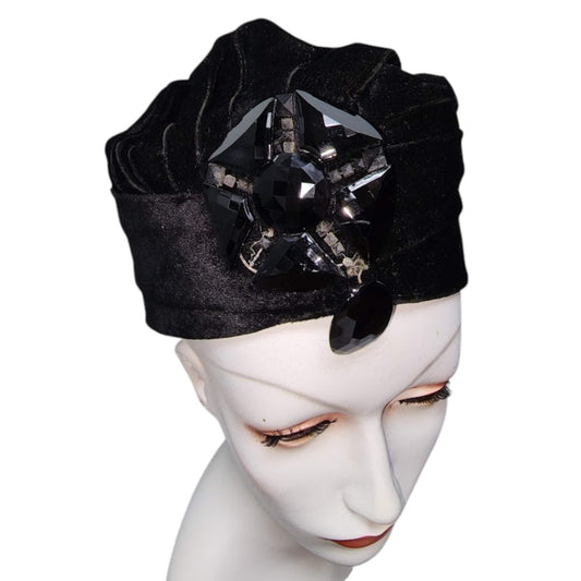 Vintage 1920s 30s Hat Black Velvet Turban Style Hat Large Jet Bead Ornament Art Deco Flapper 21.5 in.