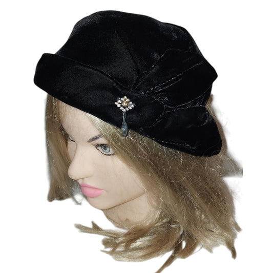 Vintage Velvet Hat 1930s 40s Asymmetric Black Velvet Cocktail Half Hat Rhinestone Loop Ornament Mid Century Art Deco 21 in.