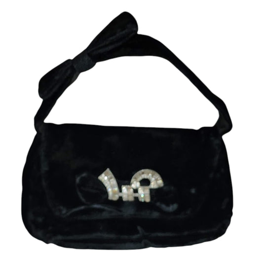Vintage 1930s Purse Black Velvet Art Deco Purse Large Rhinestone Ornament Unique Bow Handle
