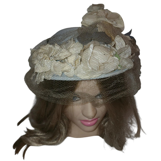 Vintage Floral Hat Light Blue 1930s 40s 50s Floral Hat White Flowers Net Veil Art Deco Mid Century 20.5 21 in.