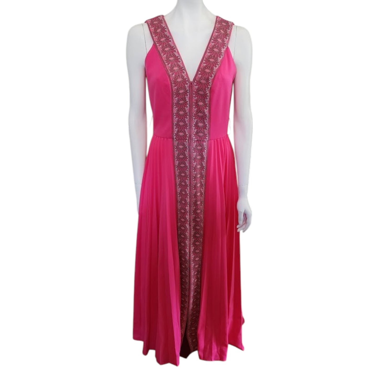 Vintage Shaheen Dress 60s 70s Long Pink Alfreed Shaheen Zip Front Long Gown Floral Screenprint Trim Maxidress Hostess Dress Mid Century M L