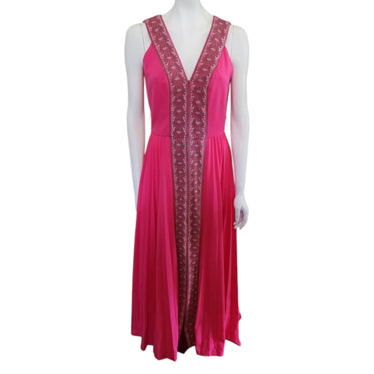 Vintage Shaheen Dress 60s 70s Long Pink Alfreed Shaheen Zip Front Long Gown Floral Screenprint Trim Maxidress Hostess Dress Mid Century M L