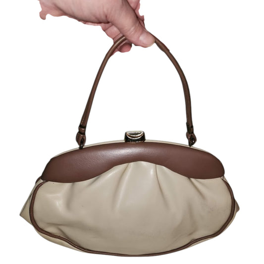 Vintage Vinyl Purse 1960s Oval Two Tone Brown Taupe Beige Vinyl Purse Mid Century Mod