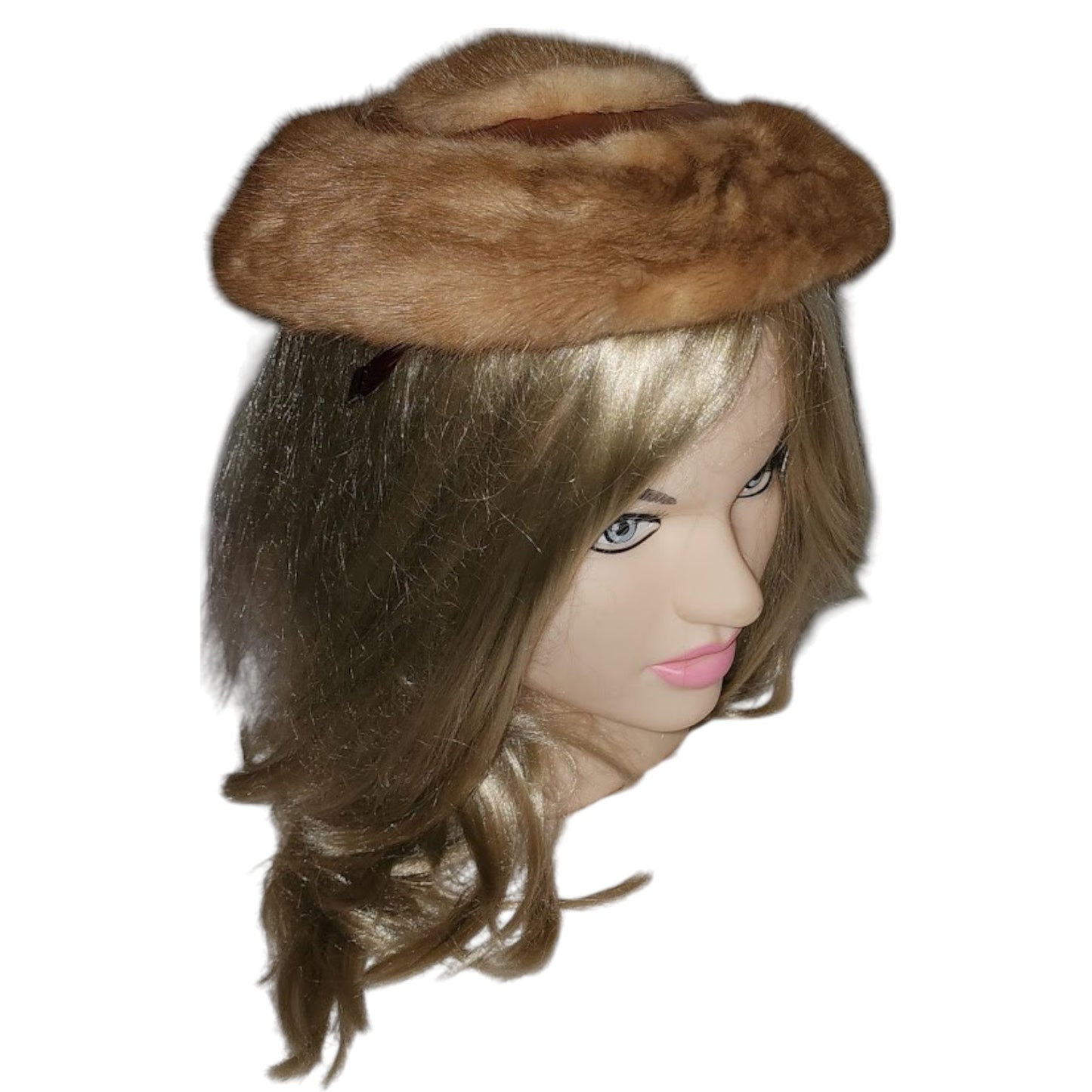 Vintage Saucer Hat 1950s Small Round Light Brown Mink Fur Satin Tilt Platter Hat Mid Century Rockabilly 20 in.