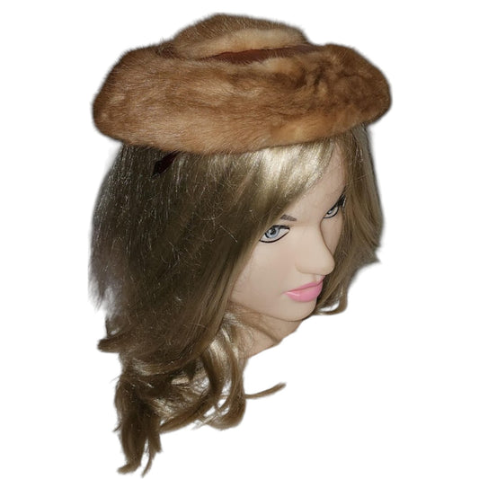 Vintage Saucer Hat 1950s Small Round Light Brown Mink Fur Satin Tilt Platter Hat Mid Century Rockabilly 20 in.