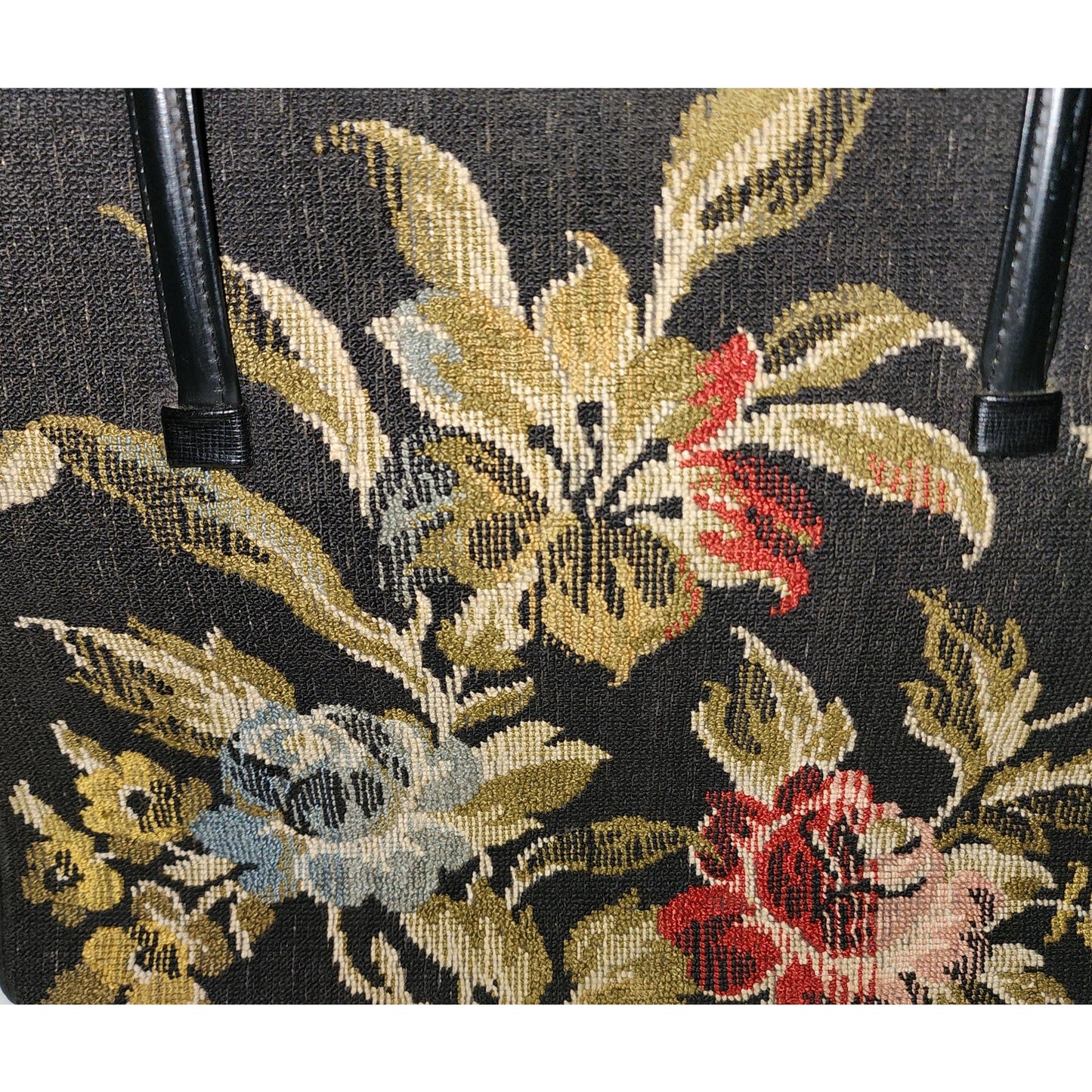 Vintage Tapestry Purse 1950s 60s Large Black Floral Tapestry Bag Leather Vinyl Trim Mid Century Boho dirty lining