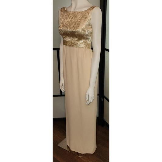 Vintage Long Gown 1960s Gold Metallic Floral Brocade Empire Waist Gown Cream Rayon Crepe Skirt Back Bow Mid Century Glamor S