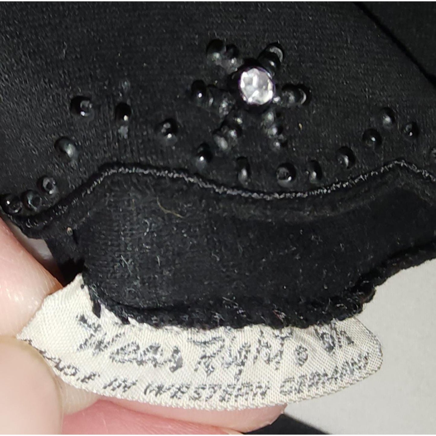 Vintage Rhinestone Gloves 1940s 50s Black Wrist Gloves Tiny Black Beads Prong Set Rhinestones Wear Right Western Germany Mid Century 6 1/2