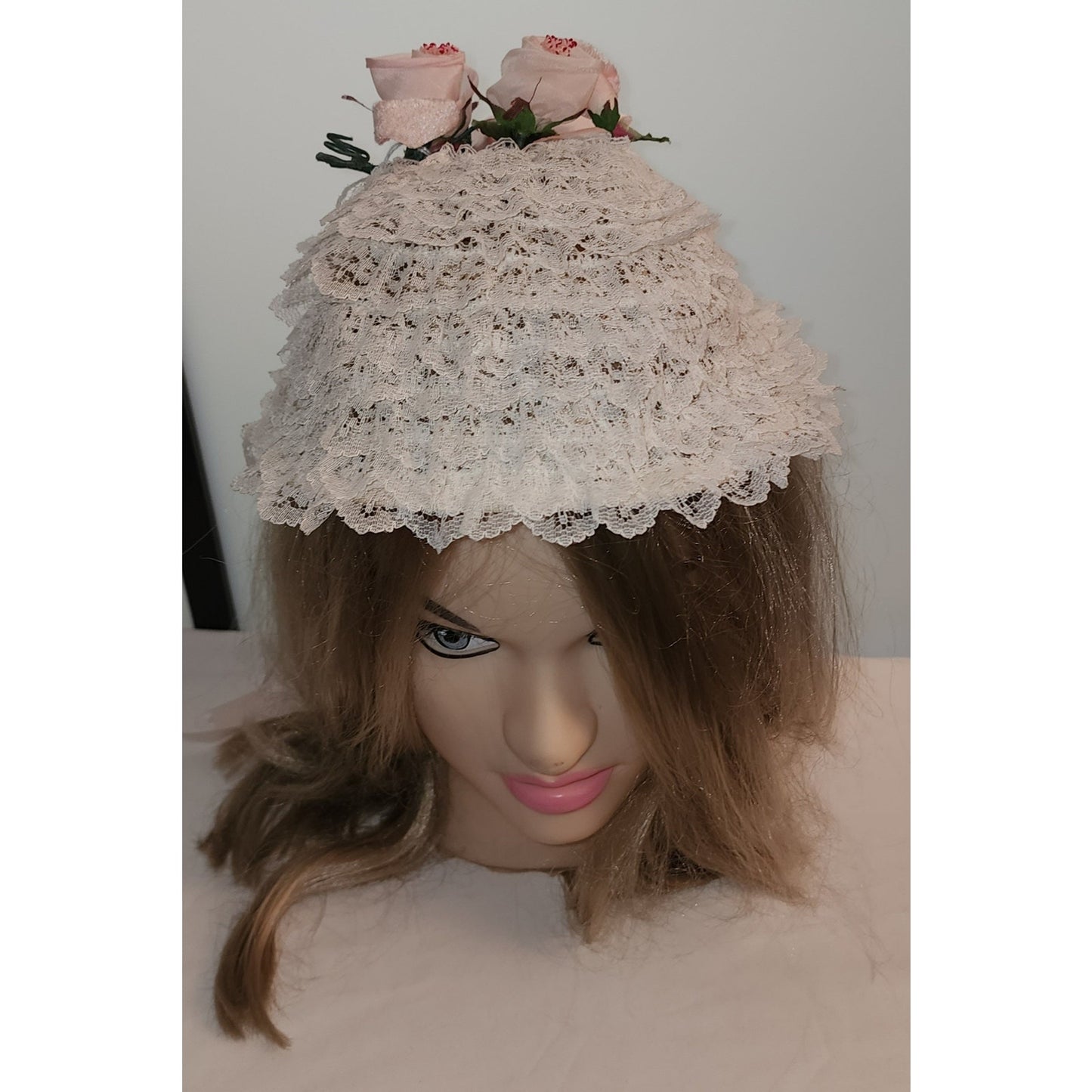 Vintage Lace Hat 1950s Round White Lace Ruffle Bonnet Hat Pink Floral Trim Long Satin Ribbons Mid Century Lolita Bo Peep